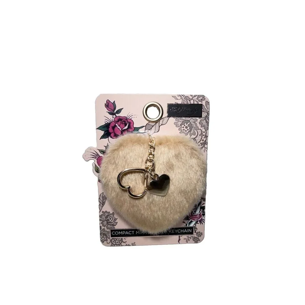 Ed Hardy Faux Fur Heart Compact Double-side Mirror Keychain Y2K New In Package